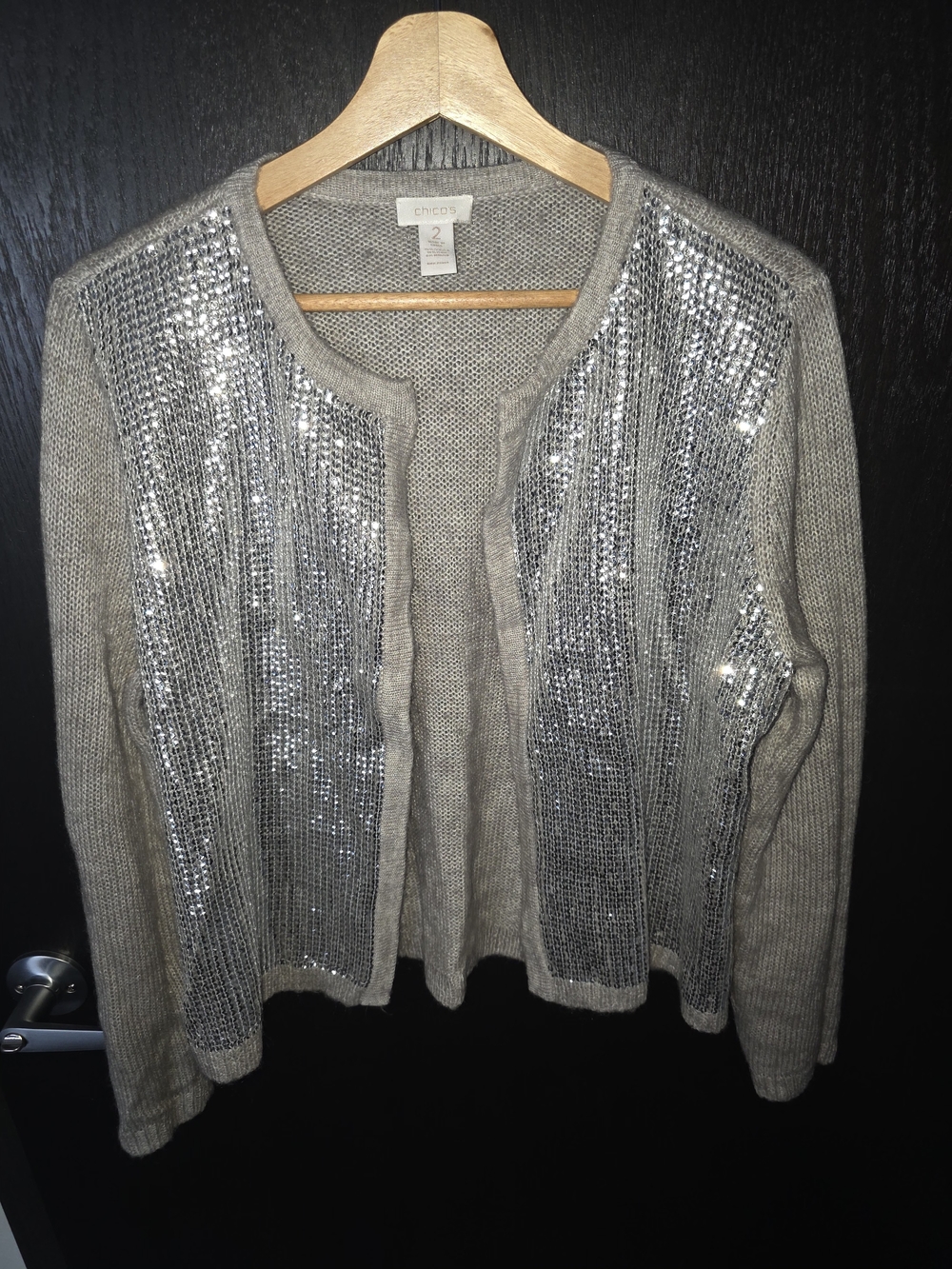 Chico's Silver Sequin-Front Open Cardigan Sweater - Taupe